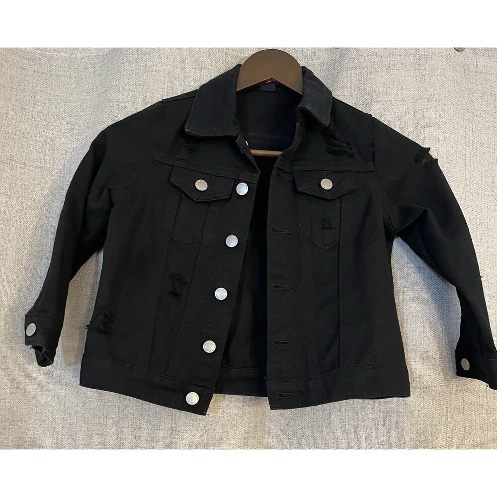 Shein Kids Black Button Up Stressed Denim Jacket Unisex Kids Size 5T
